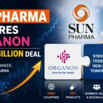 Corporate infographic thumbnail showing Sun Pharma's acquisition of Organon in an $11.75 billion deal, featuring company logos, growth chart, global expansion graphics, and healthcare industry visuals.