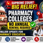 YouTube thumbnail showing the Supreme Court of India, PCI logo, pharmacy college students, and a bold headline announcing relief for pharmacy colleges with no annual course renewal requirement.