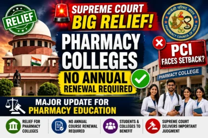 YouTube thumbnail showing the Supreme Court of India, PCI logo, pharmacy college students, and a bold headline announcing relief for pharmacy colleges with no annual course renewal requirement.