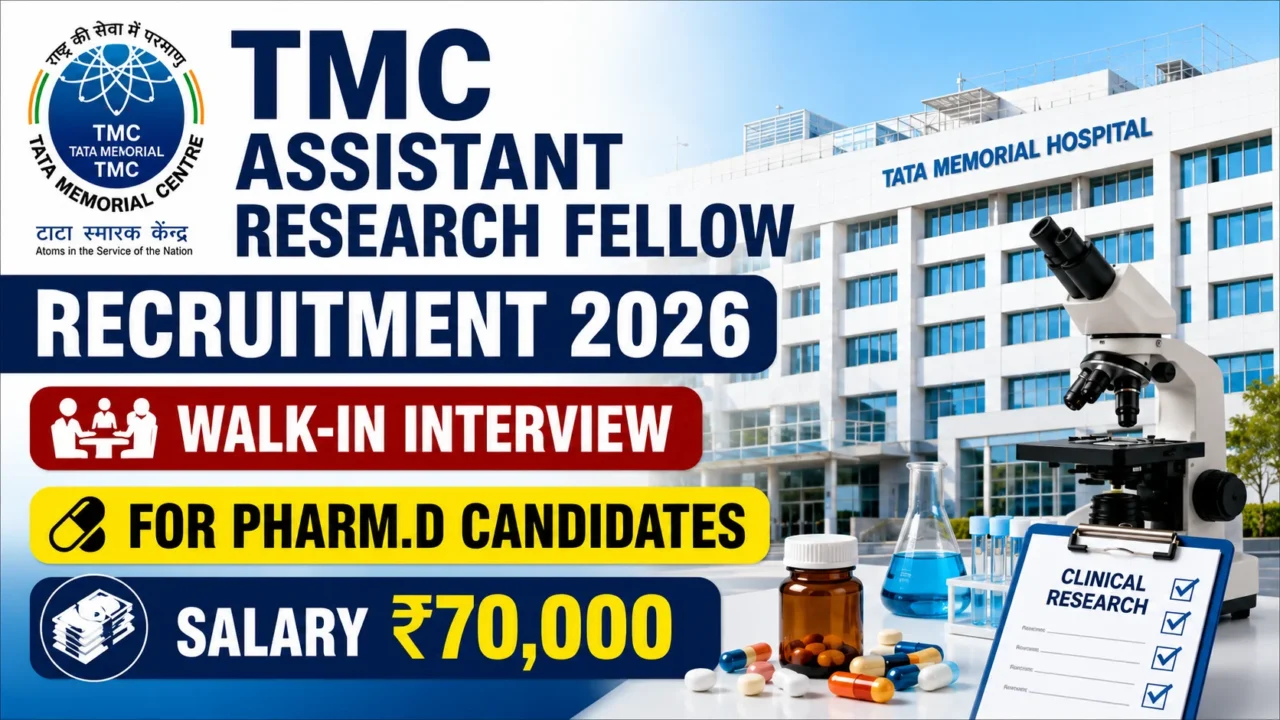 TMC Assistant Research Fellow Recruitment 2026 thumbnail featuring Tata Memorial Hospital building, laboratory microscope, clinical research equipment, Pharm.D recruitment announcement, walk-in interview, and ₹70,000 salary highlight.