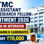 TMC Assistant Research Fellow Recruitment 2026 thumbnail featuring Tata Memorial Hospital building, laboratory microscope, clinical research equipment, Pharm.D recruitment announcement, walk-in interview, and ₹70,000 salary highlight.