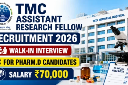 TMC Assistant Research Fellow Recruitment 2026 thumbnail featuring Tata Memorial Hospital building, laboratory microscope, clinical research equipment, Pharm.D recruitment announcement, walk-in interview, and ₹70,000 salary highlight.