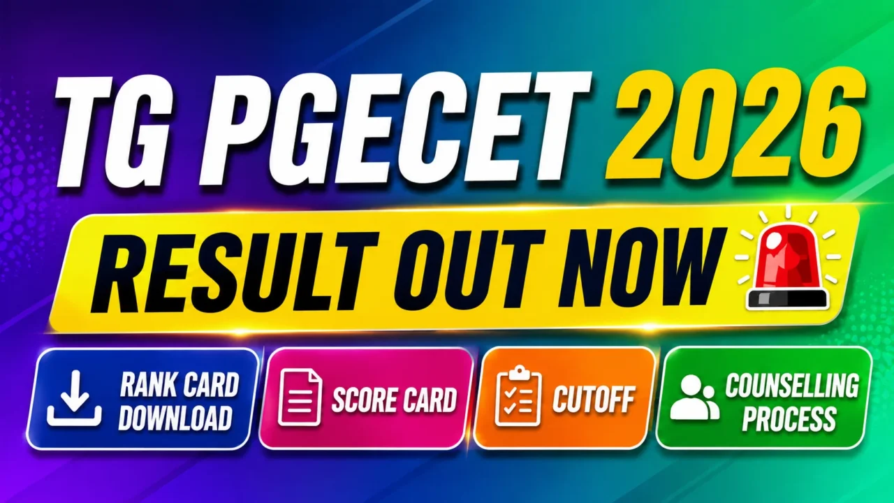 TG PGECET 2026 Result Out Now thumbnail with colorful purple, blue, and green gradient background featuring rank card download, score card, cutoff, and counselling process information.