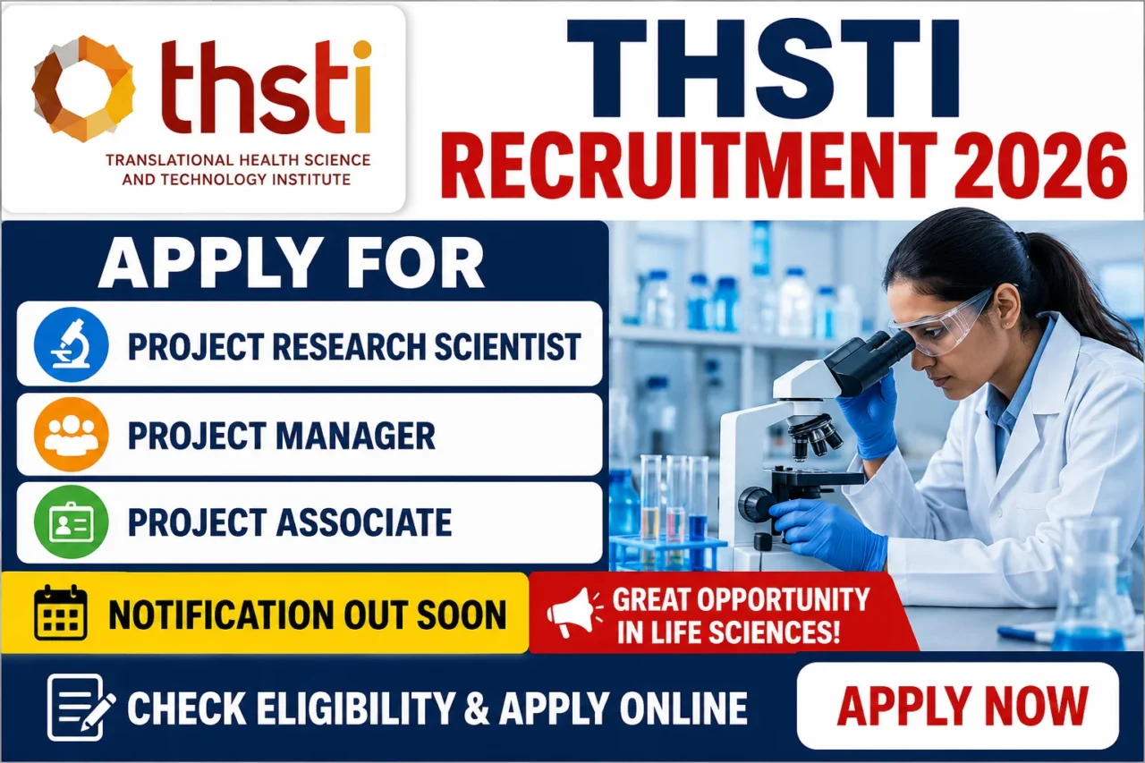 THSTI Recruitment 2026 thumbnail featuring a scientist working in a laboratory with a microscope, highlighting openings for Project Research Scientist, Project Manager, and Project Associate positions.