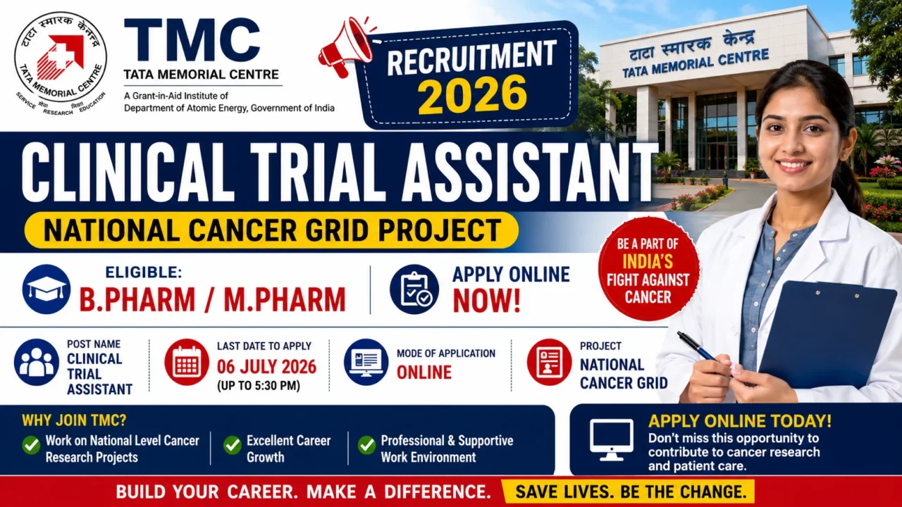 YouTube thumbnail for TMC Clinical Trial Assistant Recruitment 2026 featuring the National Cancer Grid Project, Tata Memorial Centre building, a healthcare professional, and highlights for B.Pharm and M.Pharm eligible candidates with online application details.