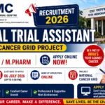 YouTube thumbnail for TMC Clinical Trial Assistant Recruitment 2026 featuring the National Cancer Grid Project, Tata Memorial Centre building, a healthcare professional, and highlights for B.Pharm and M.Pharm eligible candidates with online application details.