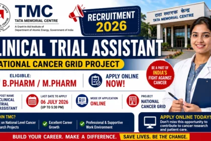 YouTube thumbnail for TMC Clinical Trial Assistant Recruitment 2026 featuring the National Cancer Grid Project, Tata Memorial Centre building, a healthcare professional, and highlights for B.Pharm and M.Pharm eligible candidates with online application details.