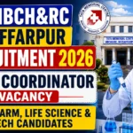 TMC HBCH&RC Muzaffarpur Recruitment 2026 thumbnail featuring a Trial Coordinator vacancy, TMC hospital building, and a laboratory researcher. The thumbnail highlights eligibility for M.Pharm, Life Science, and Biotechnology candidates.