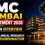 TMC Mumbai Recruitment 2026 thumbnail featuring Tata Memorial Hospital Mumbai building, TMC logo, and Clinical Research Coordinator walk-in interview announcement on a dark professional background.