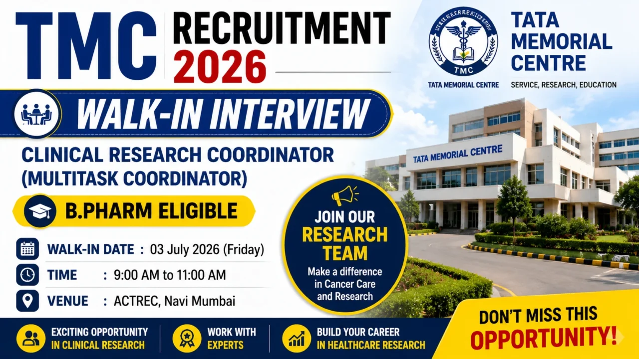 YouTube thumbnail for TMC Recruitment 2026 featuring Walk-In Interview for Clinical Research Coordinator (Multitask Coordinator), Tata Memorial Centre building, and B.Pharm eligibility announcement.