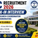 YouTube thumbnail for TMC Recruitment 2026 featuring Walk-In Interview for Clinical Research Coordinator (Multitask Coordinator), Tata Memorial Centre building, and B.Pharm eligibility announcement.