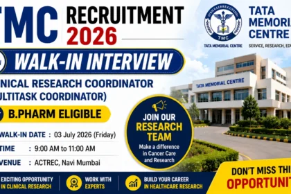 YouTube thumbnail for TMC Recruitment 2026 featuring Walk-In Interview for Clinical Research Coordinator (Multitask Coordinator), Tata Memorial Centre building, and B.Pharm eligibility announcement.