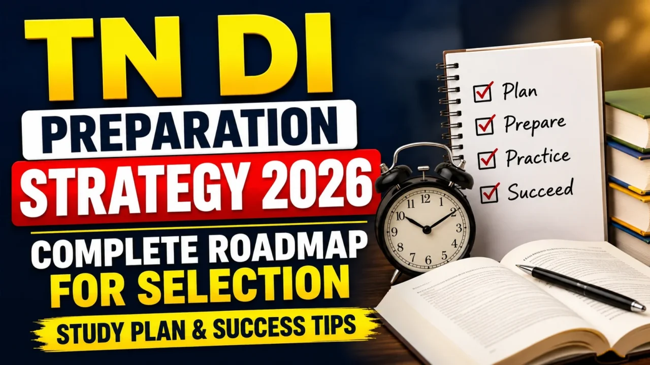 TN DI Preparation Strategy 2026 thumbnail featuring study books, notebook checklist, alarm clock, and academic study setup with bold text highlighting preparation roadmap and success tips.