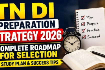 TN DI Preparation Strategy 2026 thumbnail featuring study books, notebook checklist, alarm clock, and academic study setup with bold text highlighting preparation roadmap and success tips.