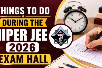 NIPER JEE 2026 exam guidance thumbnail featuring a student filling an OMR answer sheet, an alarm clock symbolizing time management, study materials, and bold text highlighting important actions to take during the examination.