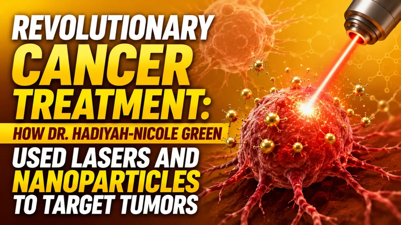 Revolutionary cancer treatment thumbnail showing a tumor targeted by laser technology and nanoparticles, illustrating an advanced cancer therapy breakthrough in regenerative medicine and oncology research.