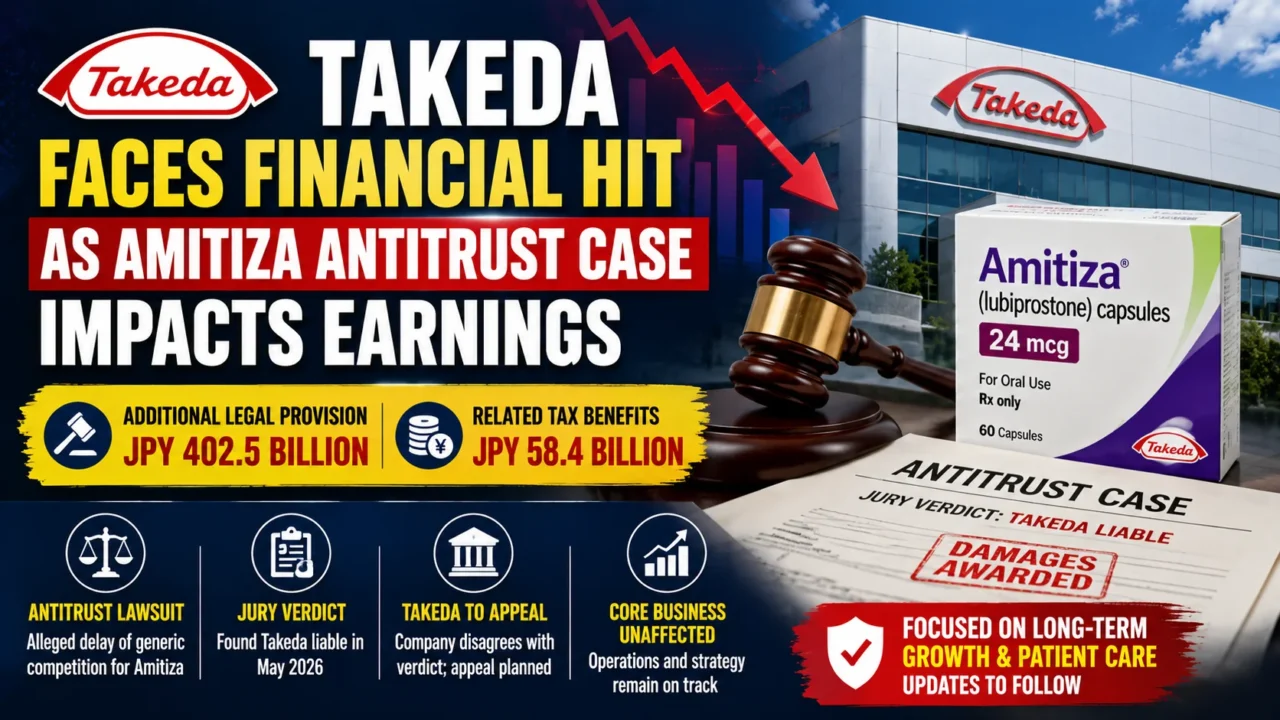 Financial news thumbnail showing Takeda Pharmaceutical, Amitiza drug packaging, a courtroom gavel, declining financial chart, and antitrust case documents highlighting the legal provision and earnings impact resulting from the U.S. Amitiza litigation.