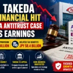 Financial news thumbnail showing Takeda Pharmaceutical, Amitiza drug packaging, a courtroom gavel, declining financial chart, and antitrust case documents highlighting the legal provision and earnings impact resulting from the U.S. Amitiza litigation.