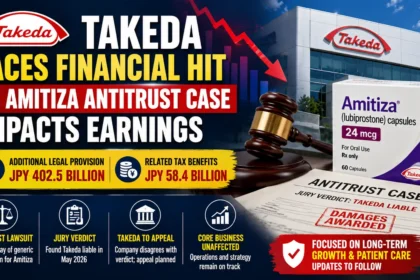 Financial news thumbnail showing Takeda Pharmaceutical, Amitiza drug packaging, a courtroom gavel, declining financial chart, and antitrust case documents highlighting the legal provision and earnings impact resulting from the U.S. Amitiza litigation.