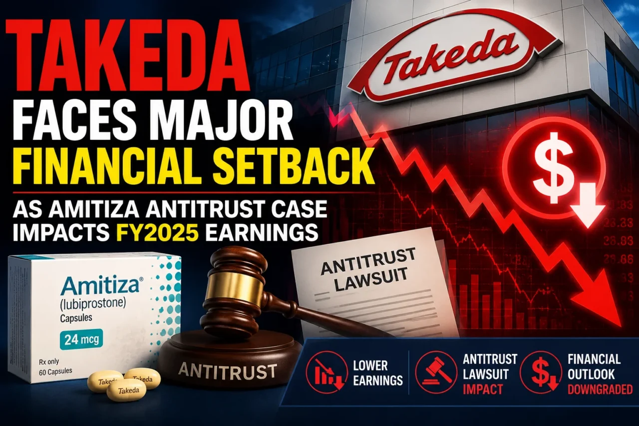 News-style thumbnail showing Takeda headquarters, Amitiza medicine pack, antitrust lawsuit gavel, falling financial graph, and declining earnings symbols. The design highlights the financial impact of the Amitiza antitrust case on Takeda’s FY2025 earnings.