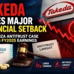 News-style thumbnail showing Takeda headquarters, Amitiza medicine pack, antitrust lawsuit gavel, falling financial graph, and declining earnings symbols. The design highlights the financial impact of the Amitiza antitrust case on Takeda’s FY2025 earnings.