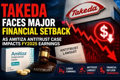 News-style thumbnail showing Takeda headquarters, Amitiza medicine pack, antitrust lawsuit gavel, falling financial graph, and declining earnings symbols. The design highlights the financial impact of the Amitiza antitrust case on Takeda’s FY2025 earnings.