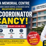 Tata Memorial Centre recruitment poster announcing Trial Coordinator vacancy at Homi Bhabha Cancer Hospital & Research Centre, Muzaffarpur, Bihar, with salary ₹25,000 per month and walk-in interview on 13 April 2026.