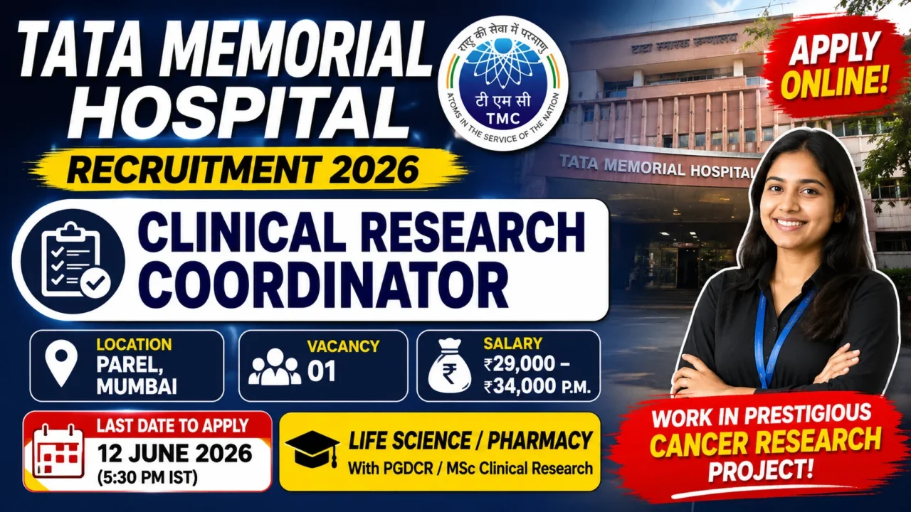 Promotional thumbnail for Tata Memorial Hospital Clinical Research Coordinator Recruitment 2026 featuring the Tata Memorial Hospital building, TMC logo, salary details up to ₹34,000 per month, application deadline, vacancy information, and a healthcare professional.
