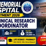 Promotional thumbnail for Tata Memorial Hospital Clinical Research Coordinator Recruitment 2026 featuring the Tata Memorial Hospital building, TMC logo, salary details up to ₹34,000 per month, application deadline, vacancy information, and a healthcare professional.