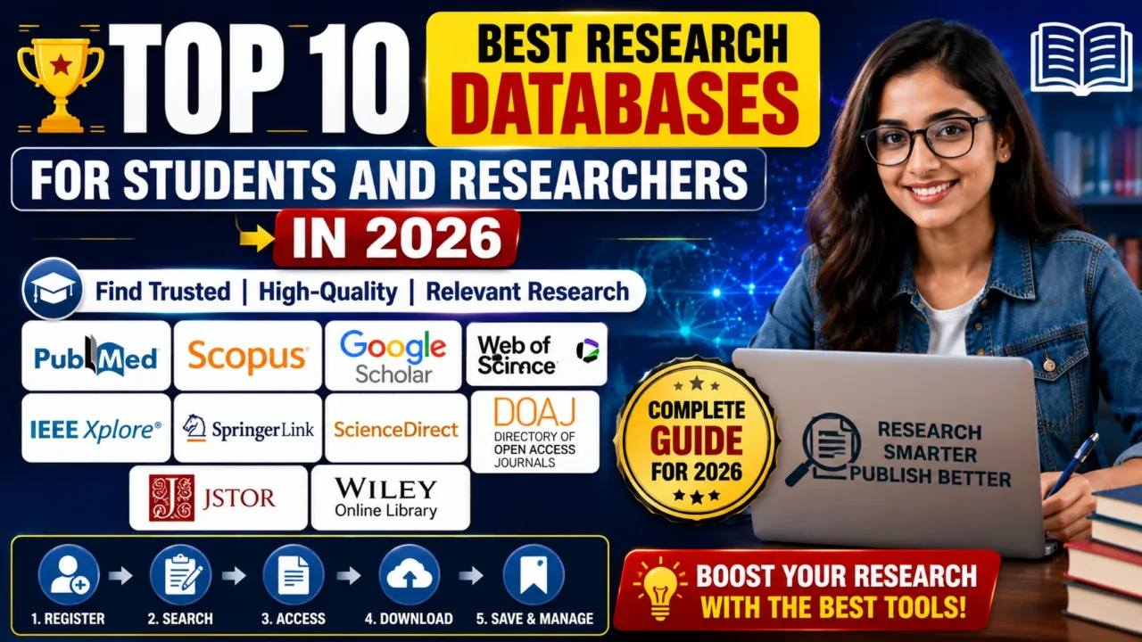 Educational thumbnail showcasing the top 10 research databases for students and researchers in 2026, featuring academic search platforms, a student working on a laptop, and research-related graphics highlighting scholarly literature resources.