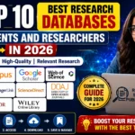 Educational thumbnail showcasing the top 10 research databases for students and researchers in 2026, featuring academic search platforms, a student working on a laptop, and research-related graphics highlighting scholarly literature resources.