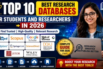 Educational thumbnail showcasing the top 10 research databases for students and researchers in 2026, featuring academic search platforms, a student working on a laptop, and research-related graphics highlighting scholarly literature resources.