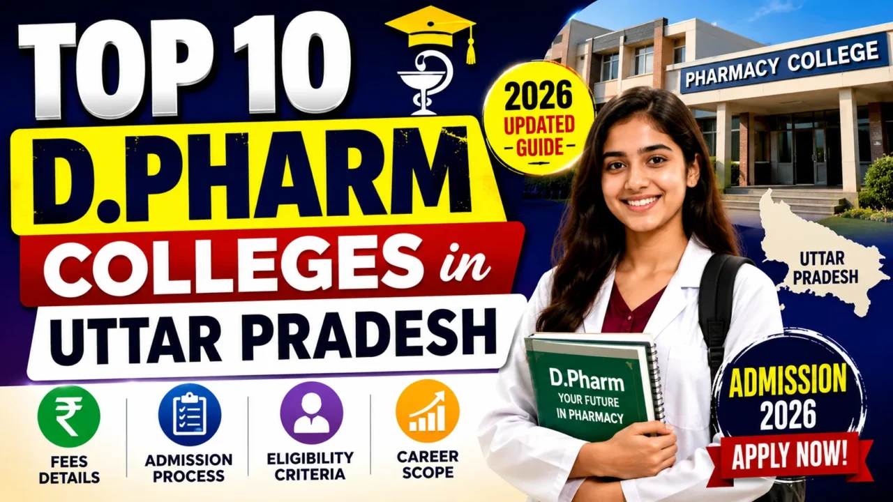 YouTube thumbnail showcasing the Top 10 D.Pharm Colleges in Uttar Pradesh for 2026 with a pharmacy student, college building, UP map, and highlights covering fees, admission process, eligibility, and career scope.