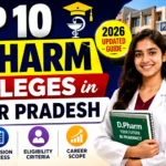 YouTube thumbnail showcasing the Top 10 D.Pharm Colleges in Uttar Pradesh for 2026 with a pharmacy student, college building, UP map, and highlights covering fees, admission process, eligibility, and career scope.