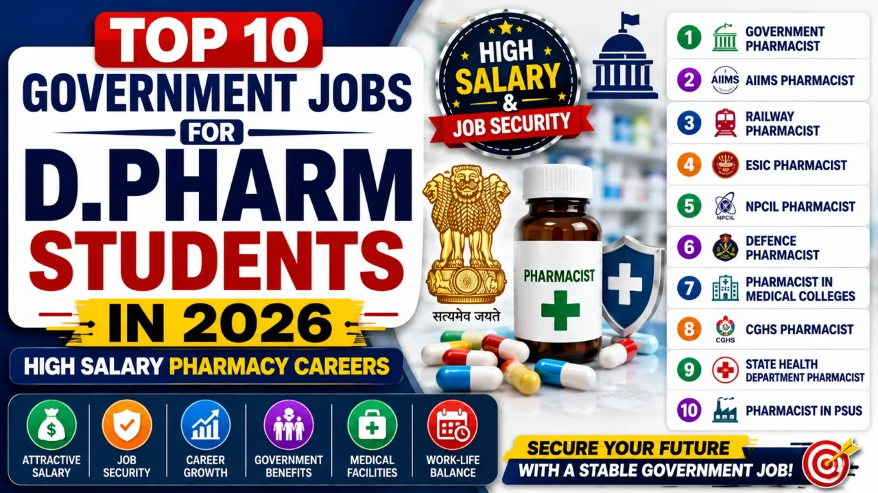 Colorful 16:9 blog thumbnail highlighting the top 10 government jobs for D.Pharm students in 2026, including AIIMS, Railways, ESIC, NPCIL, Defence, and Government Pharmacist careers with salary and career growth information.
