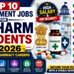Colorful 16:9 blog thumbnail highlighting the top 10 government jobs for D.Pharm students in 2026, including AIIMS, Railways, ESIC, NPCIL, Defence, and Government Pharmacist careers with salary and career growth information.