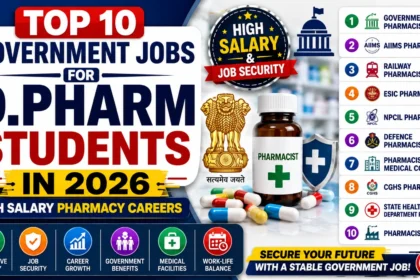Colorful 16:9 blog thumbnail highlighting the top 10 government jobs for D.Pharm students in 2026, including AIIMS, Railways, ESIC, NPCIL, Defence, and Government Pharmacist careers with salary and career growth information.