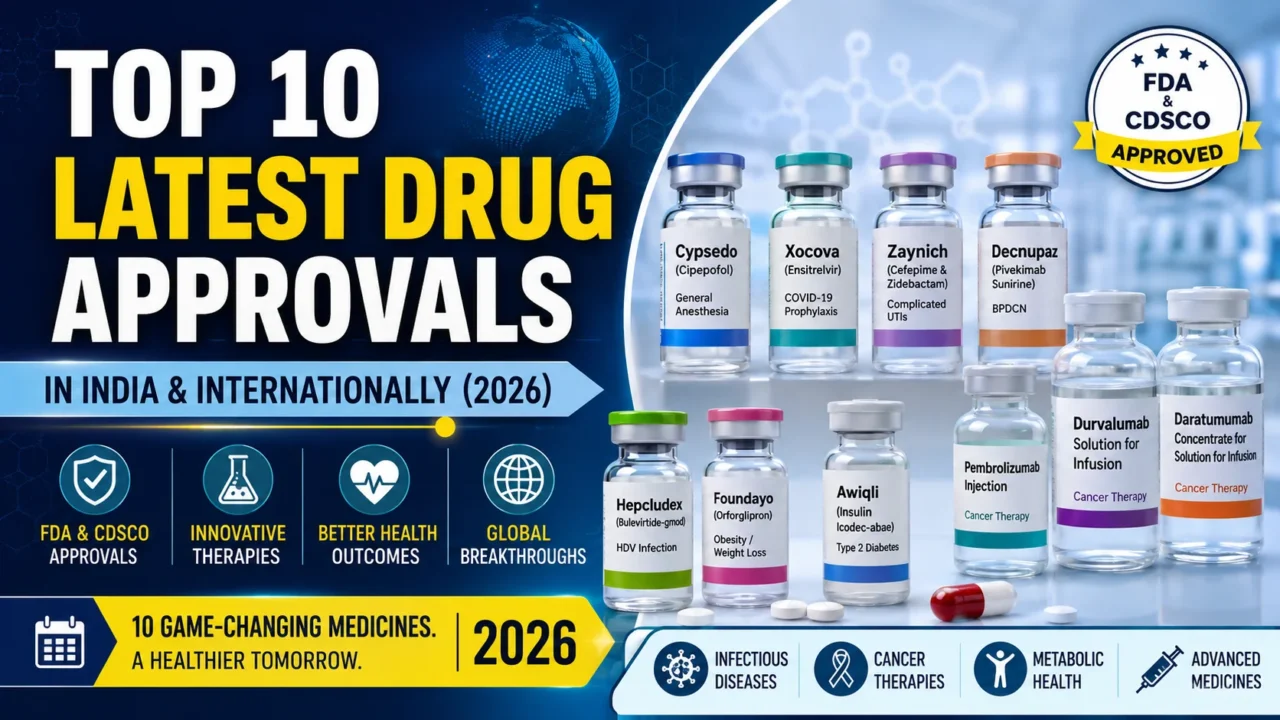 Thumbnail showing Top 10 latest drug approvals in 2026 with FDA and CDSCO approved medicines, pharmaceutical vials, capsules, and healthcare innovation graphics.