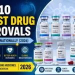 Thumbnail showing Top 10 latest drug approvals in 2026 with FDA and CDSCO approved medicines, pharmaceutical vials, capsules, and healthcare innovation graphics.