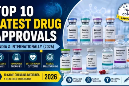 Thumbnail showing Top 10 latest drug approvals in 2026 with FDA and CDSCO approved medicines, pharmaceutical vials, capsules, and healthcare innovation graphics.