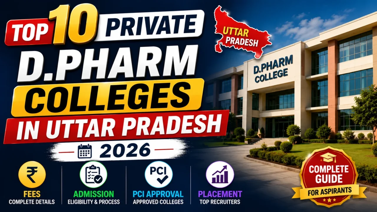 YouTube thumbnail showcasing the Top 10 Private D.Pharm Colleges in Uttar Pradesh 2026 with a modern college campus, Uttar Pradesh map, and highlights for fees, admission, PCI approval, and placement.
