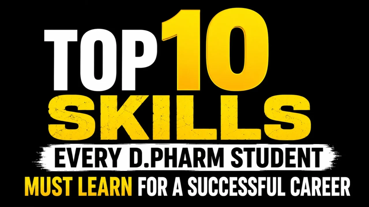 Bold black-background thumbnail featuring large yellow and white text reading “Top 10 Skills Every D.Pharm Student Must Learn for a Successful Career.” The design uses high-contrast typography for maximum visibility and engagement, making it ideal for pharmacy education and career guidance content.