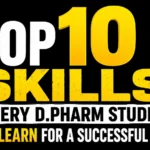 Bold black-background thumbnail featuring large yellow and white text reading “Top 10 Skills Every D.Pharm Student Must Learn for a Successful Career.” The design uses high-contrast typography for maximum visibility and engagement, making it ideal for pharmacy education and career guidance content.