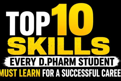 Bold black-background thumbnail featuring large yellow and white text reading “Top 10 Skills Every D.Pharm Student Must Learn for a Successful Career.” The design uses high-contrast typography for maximum visibility and engagement, making it ideal for pharmacy education and career guidance content.