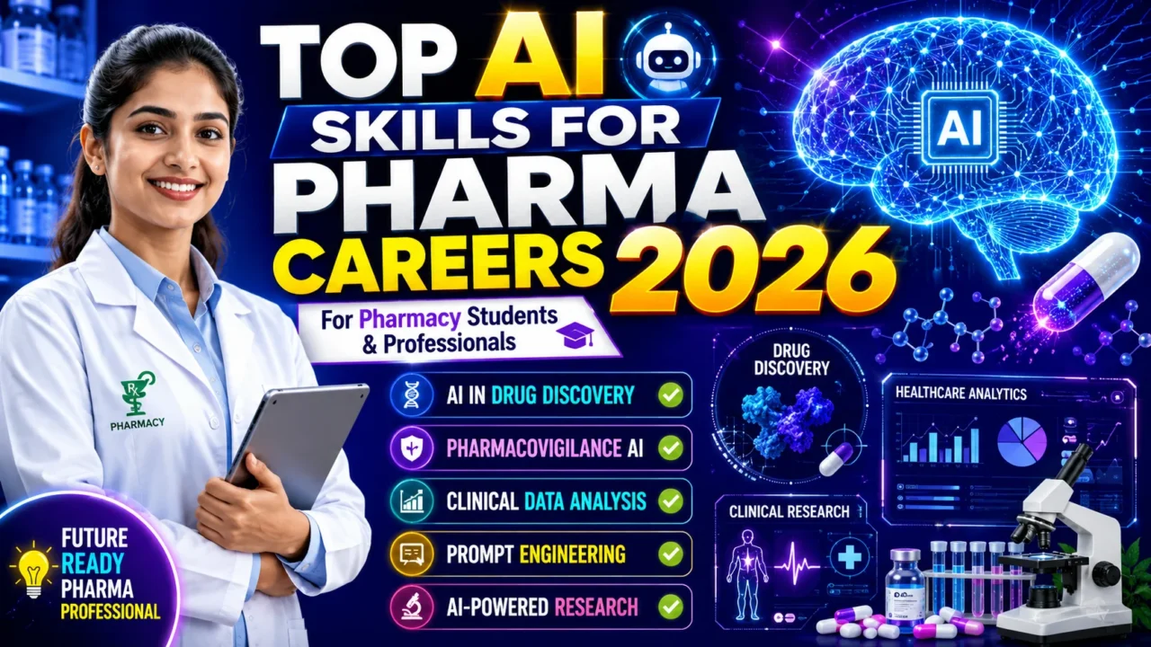 Professional YouTube thumbnail showing a pharmacy student in a lab coat holding a tablet, with AI technology, digital brain graphics, healthcare analytics, drug discovery visuals, and pharmaceutical research elements. Bold text highlights “Top AI Skills for Pharma Careers 2026”.