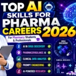 Professional YouTube thumbnail showing a pharmacy student in a lab coat holding a tablet, with AI technology, digital brain graphics, healthcare analytics, drug discovery visuals, and pharmaceutical research elements. Bold text highlights “Top AI Skills for Pharma Careers 2026”.