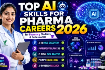 Professional YouTube thumbnail showing a pharmacy student in a lab coat holding a tablet, with AI technology, digital brain graphics, healthcare analytics, drug discovery visuals, and pharmaceutical research elements. Bold text highlights “Top AI Skills for Pharma Careers 2026”.