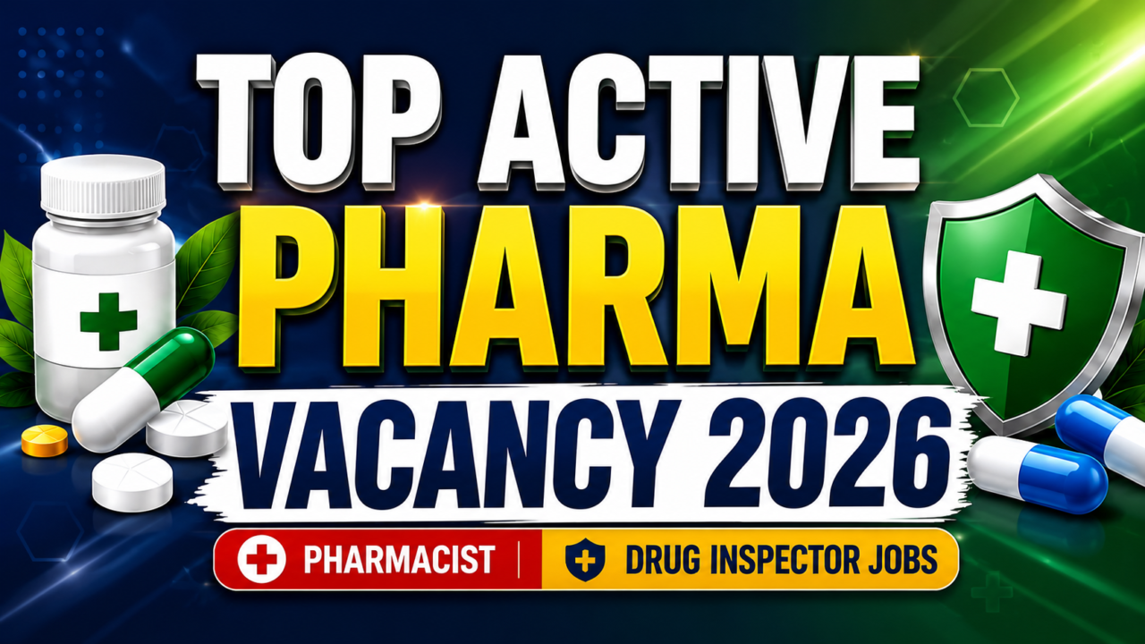 Top Active Pharma Vacancy 2026 thumbnail featuring Pharmacist and Drug Inspector government job vacancies with medical icons, medicine bottle, capsules, and healthcare shield.