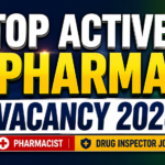 Top Active Pharma Vacancy 2026 thumbnail featuring Pharmacist and Drug Inspector government job vacancies with medical icons, medicine bottle, capsules, and healthcare shield.
