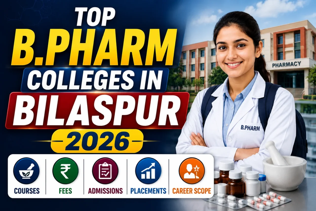 Educational thumbnail showcasing a pharmacy student in front of a college campus with bold text highlighting the top B.Pharm colleges in Bilaspur for 2026, along with courses, fees, admissions, placements, and career opportunities.